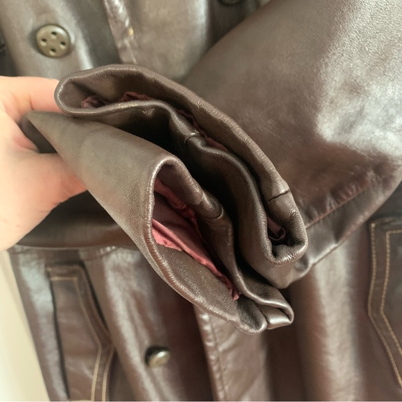 Vintage Chocolate Brown Leather Jacket with Red Rose - Picture 4 of 16